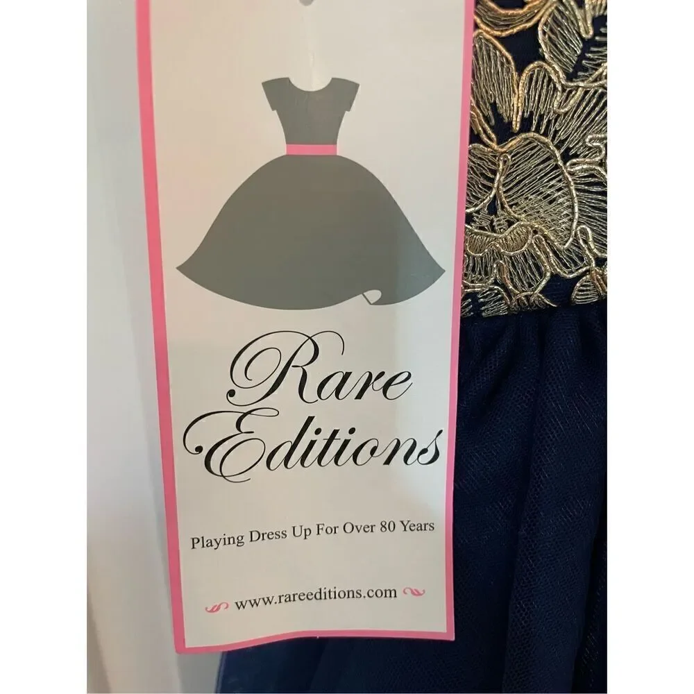 Rare Editions Girl's Mesh Embroidered Floral Sleeveless Dress Blue Gold Size 10 - Picture 4 of 5